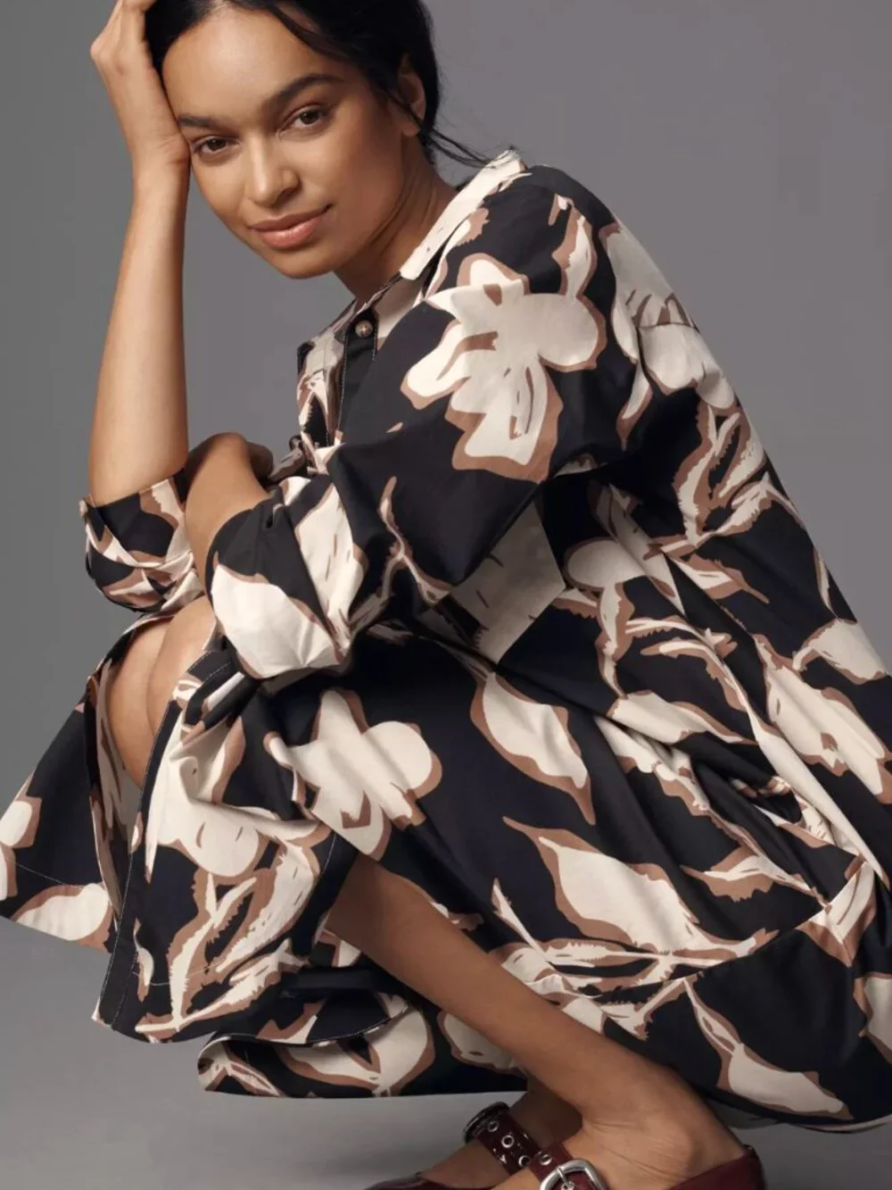 Maeve by Anthropologie Soren Long-Sleeve Shirt Dress Black Floral - Large - Picture 3 of 12